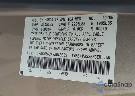 2007 Honda Accord 2.4 Ex z USA, uszkodzony, nr VIN 1HGCM567X7A049635